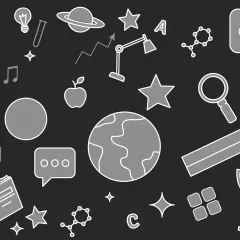 Grafika z ikonami edukacyjnymi: książka, globus, jabłko, ołówek, trofeum, litery A, B, C.