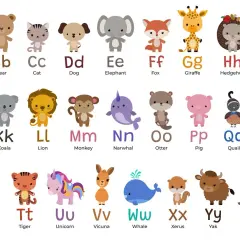 Urocza plansza z literami alfabetu i zwierzętami po angielsku: aligator, niedźwiedź, kot, pies, słoń, lis, żyrafa, jeż, indri, jaguar, koala, lew, małpa, narwal, wydra, świnia, przepiórka, szop, wiewiórka, tygrys, jednorożec, wigonia, wieloryb, kserus,...