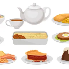 Różnorodne jedzenie po angielsku alfabetycznie: owsianka, budyń, ryba z frytkami, zapiekanka, kotlety jajeczne, śniadanie, ciasto, pudding.