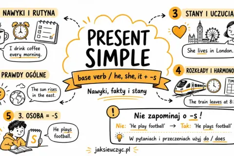 Present Simple: nawyki (I drink coffee), prawdy (sun rises), stany (She lives), rozkłady (train leaves), 3. osoba (He plays).