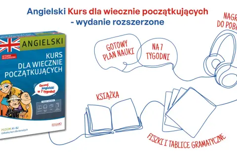 Kurs "Angielski dla początkujących" zawiera podręcznik, nagrania, fiszki i tablice gramatyczne. Opanuj angielski w 7 tygodni!