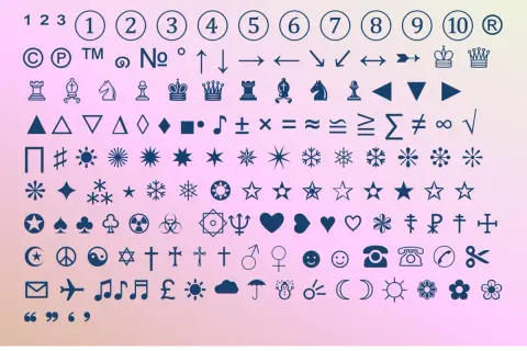 Zbiór symboli i znaków specjalnych, w tym cyfry, strzałki, figury geometryczne, symbole muzyczne, znaki matematyczne, symbole pogody, emotikony i inne.