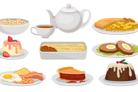Różnorodne jedzenie po angielsku alfabetycznie: owsianka, budyń, ryba z frytkami, zapiekanka, kotlety jajeczne, śniadanie, ciasto, pudding.