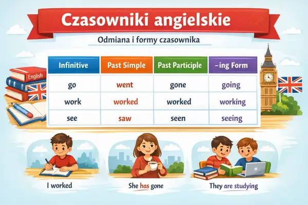 Tabela z odmianą podstawowych czasowników angielskich: go, work, see. Ilustracje dzieci uczących się.