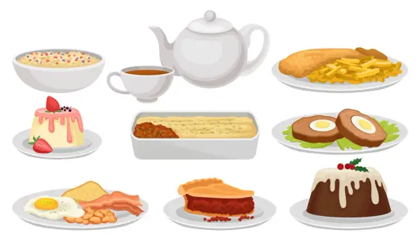Różnorodne jedzenie po angielsku alfabetycznie: owsianka, budyń, ryba z frytkami, zapiekanka, kotlety jajeczne, śniadanie, ciasto, pudding.